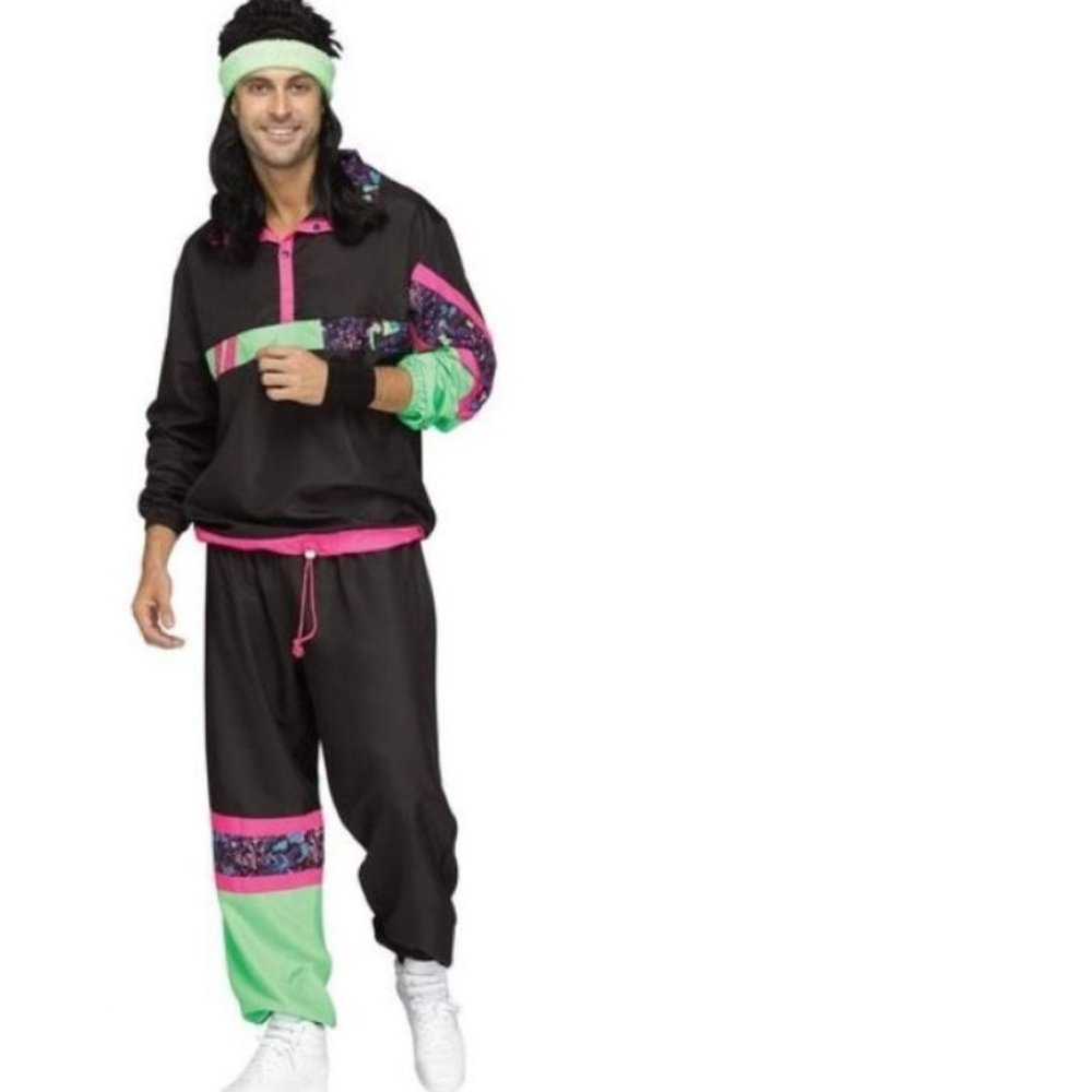 80's Track Suit Halloween Costume Retro Zip Neck Shirt & Pants Mens OS 2 pc